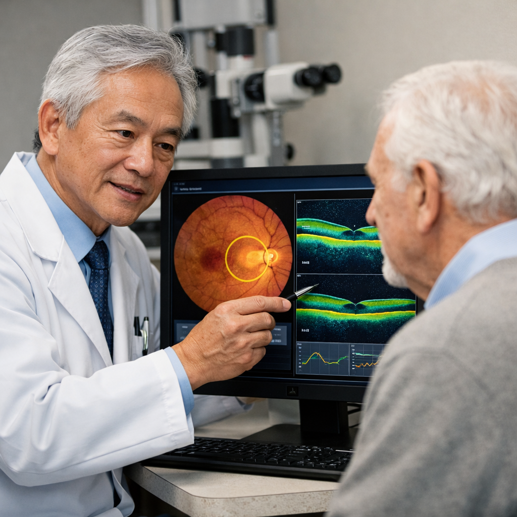 Ophthalmologist explaining a macular degeneration scan to an elderly patient while reviewing retinal imaging on a computer screen